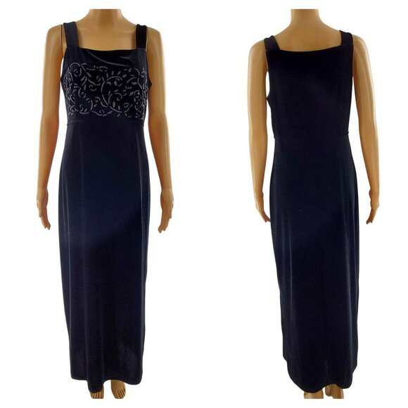 Vintage Black 80s 90s VELVET Maxi Dress sz 10 Medium Party Dress, Holiday Dress, - Picture 1 of 7